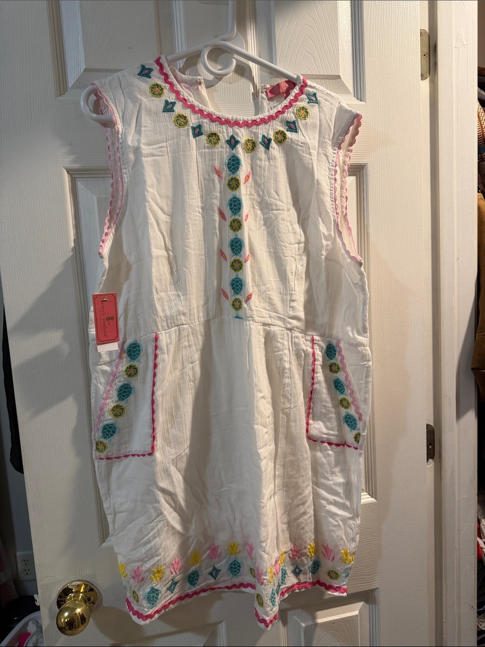 Simply Southern White Midi Dress with Pink, Teal, Yellow Embroidery